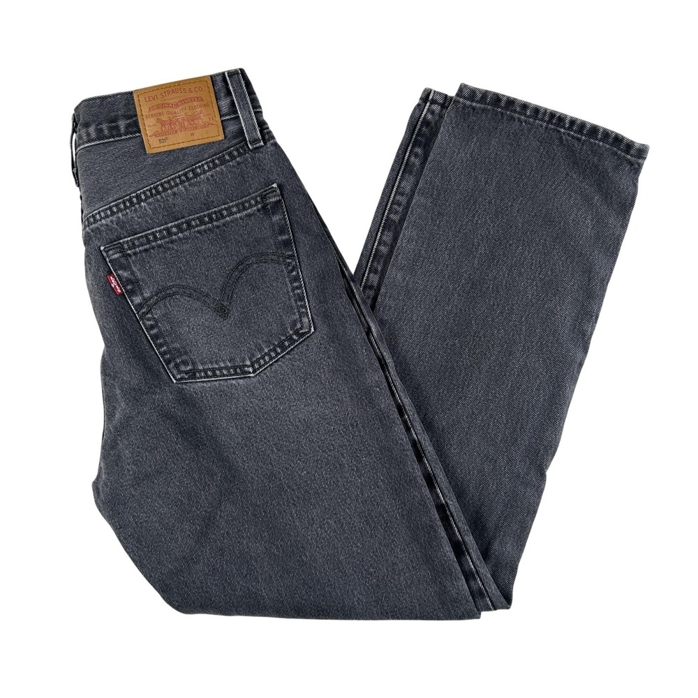 Levis 501 Jeans Womens 27x28 Charcoal Wash High Rise Straight Button Fly Big E